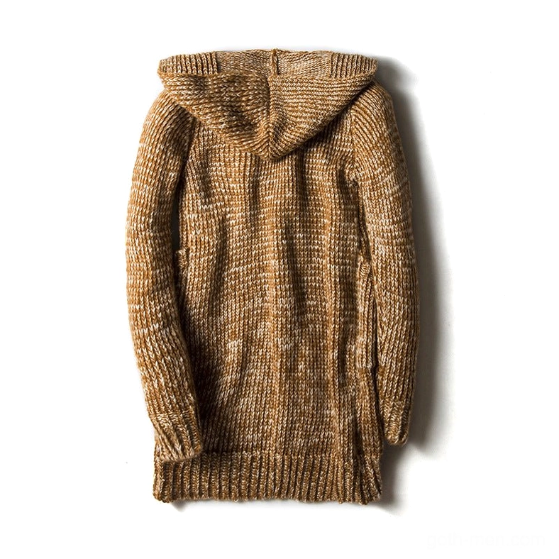 Tan brown chunky marled knit hooded sweater coat without front buttons, side view