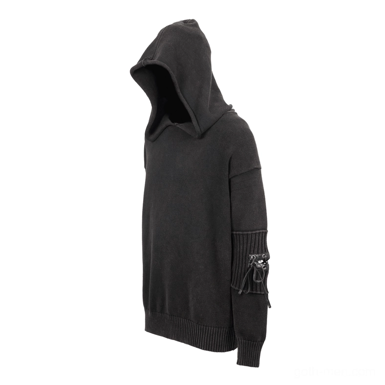 Left side view of men's gothic hooded knit sweater highlighting lace-up sleeve embellishments and ribbed hem construction