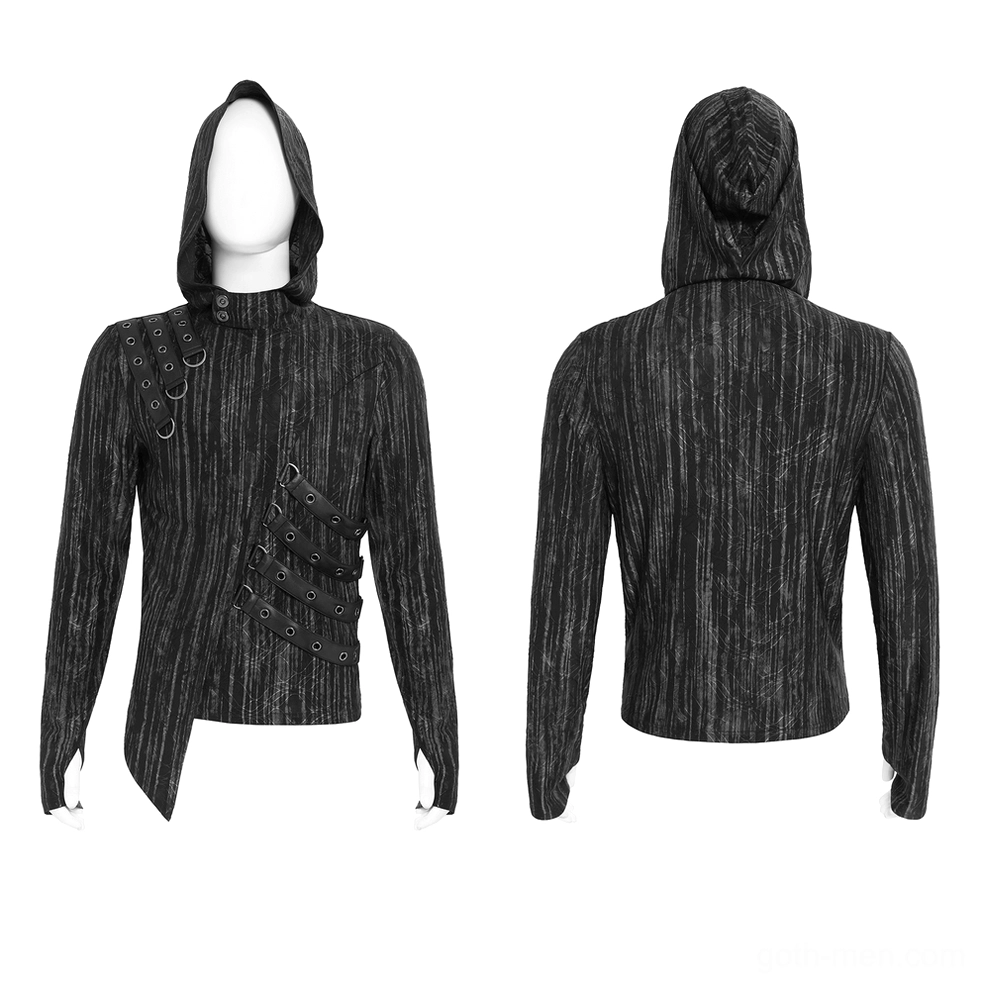 Pair of display mannequins wearing cyberpunk hooded top, front and rear asymmetric hem view