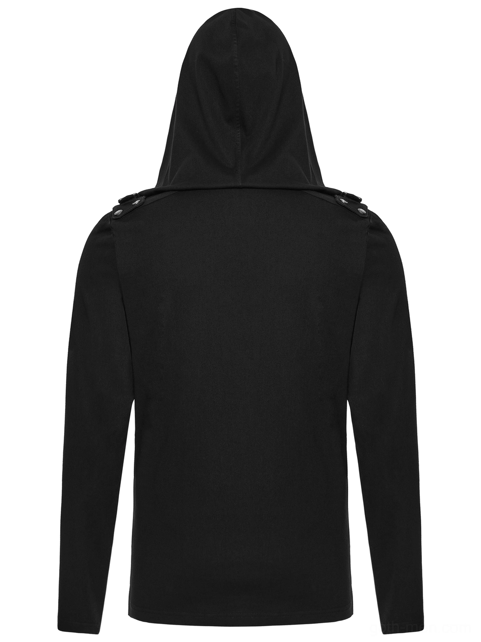 Men's gothic cyberpunk hooded top back view - minimalist design with structured hood