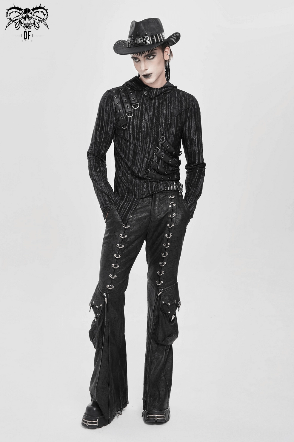 Fitted gothic hooded top on display with visible asymmetric hem and grommet strap system