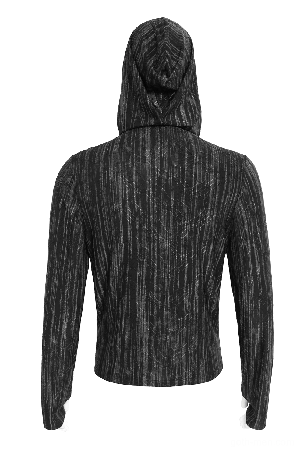 Rear view of industrial gothic hooded top on mannequin, plain back design with attached hood