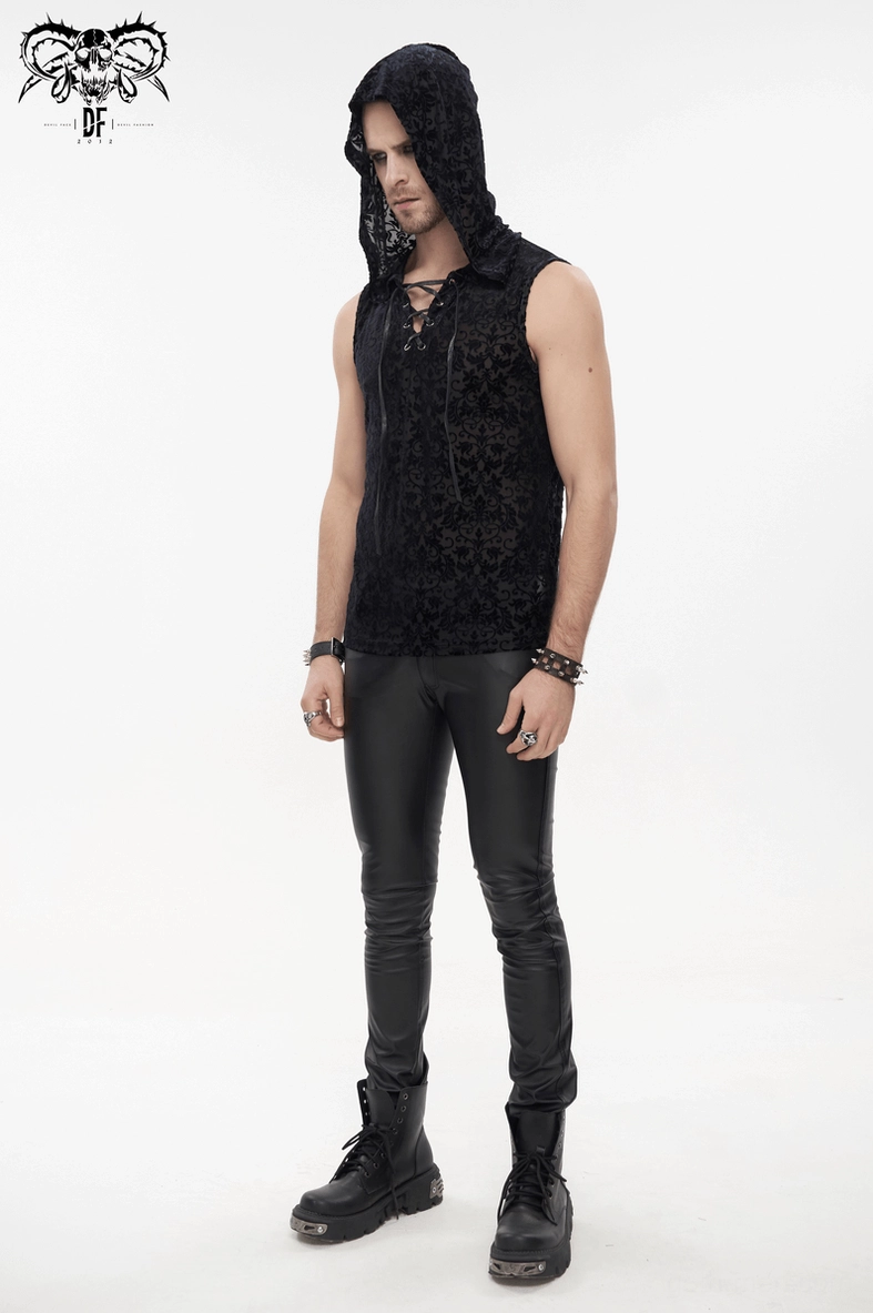 Sleeveless gothic hooded tank with floral damask print, mannequin front view showing texture detail