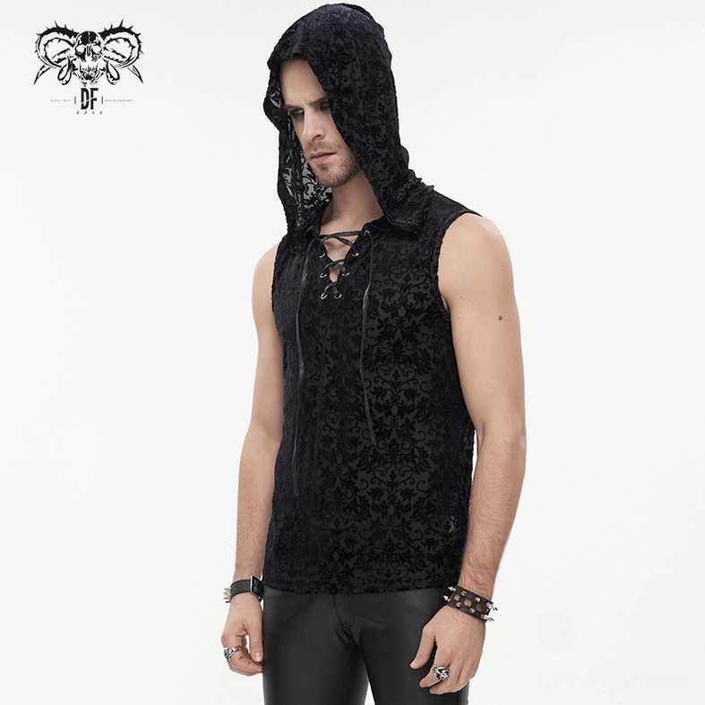 Men's gothic hooded tank top with chest lace-up and punk bracelets, left side view showing hood detail