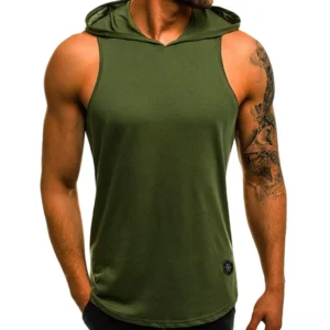 Army green gothic hooded sleeveless tank top for men, front view on muscular model with tattoos, alternative fashion style