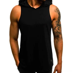 Black gothic hooded sleeveless tank top for men, front view on tattooed model, classic dark alternative wear