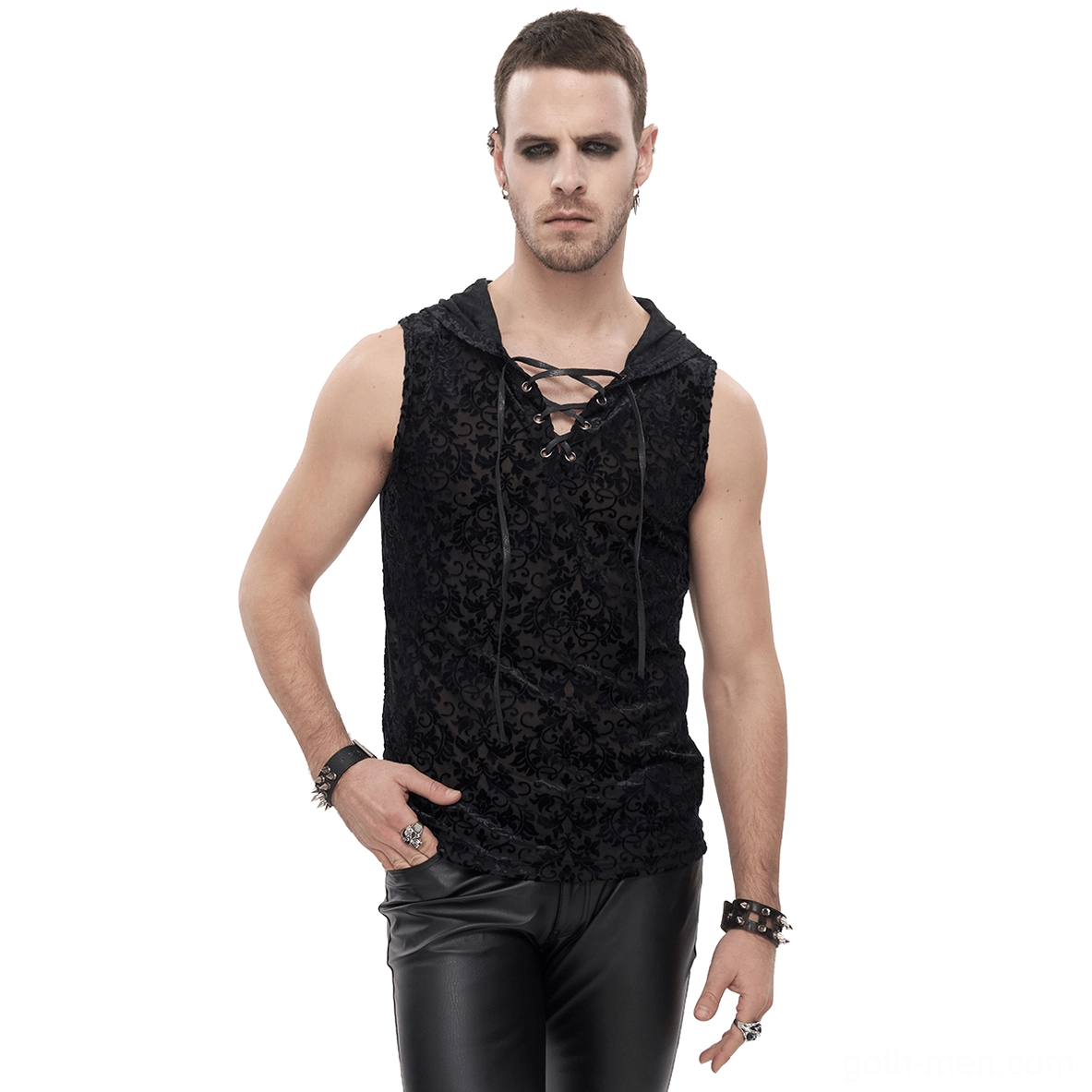 Men's gothic black hooded tank top with floral flocked print and chest lace-up strings, front view on male model
