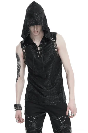 Black hooded lace-up mesh gothic tank top worn with hood up, front view displaying deep V-neck and adjustable lace closure system