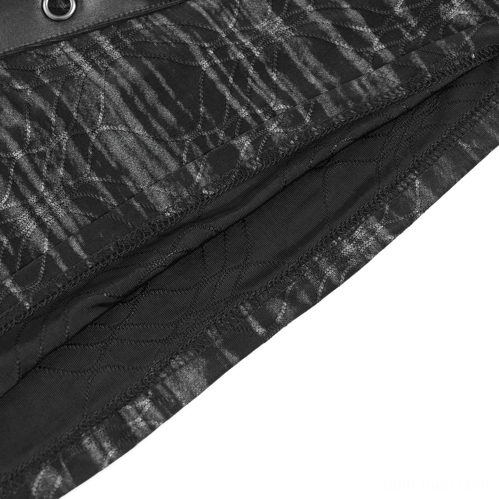 Detail of metal eyelet strap system and asymmetric hem on cyberpunk hooded top