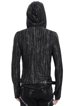 Black striped gothic hooded top with fitted silhouette, rear view showing hood structure