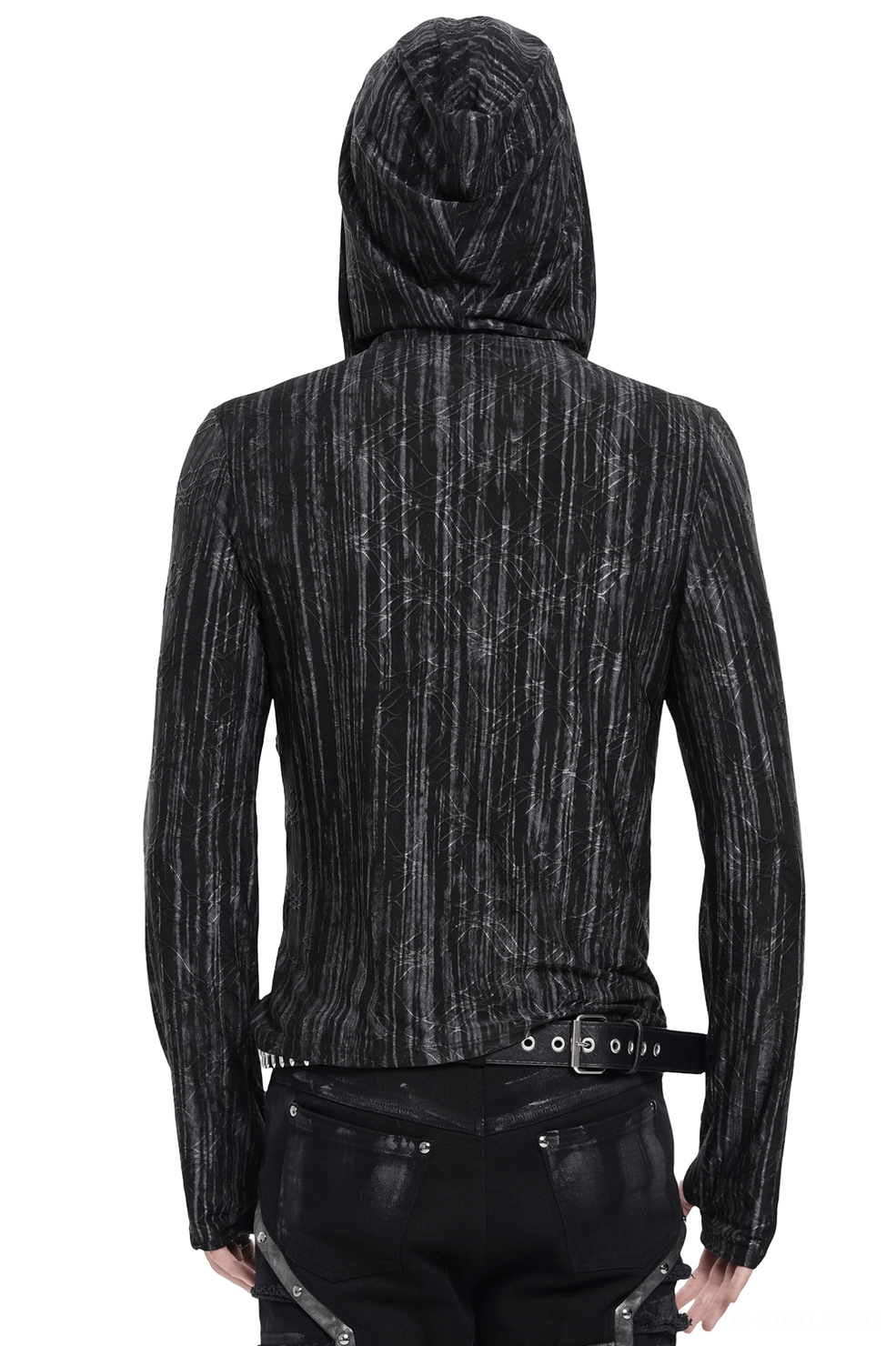 Black striped gothic hooded top with fitted silhouette, rear view showing hood structure