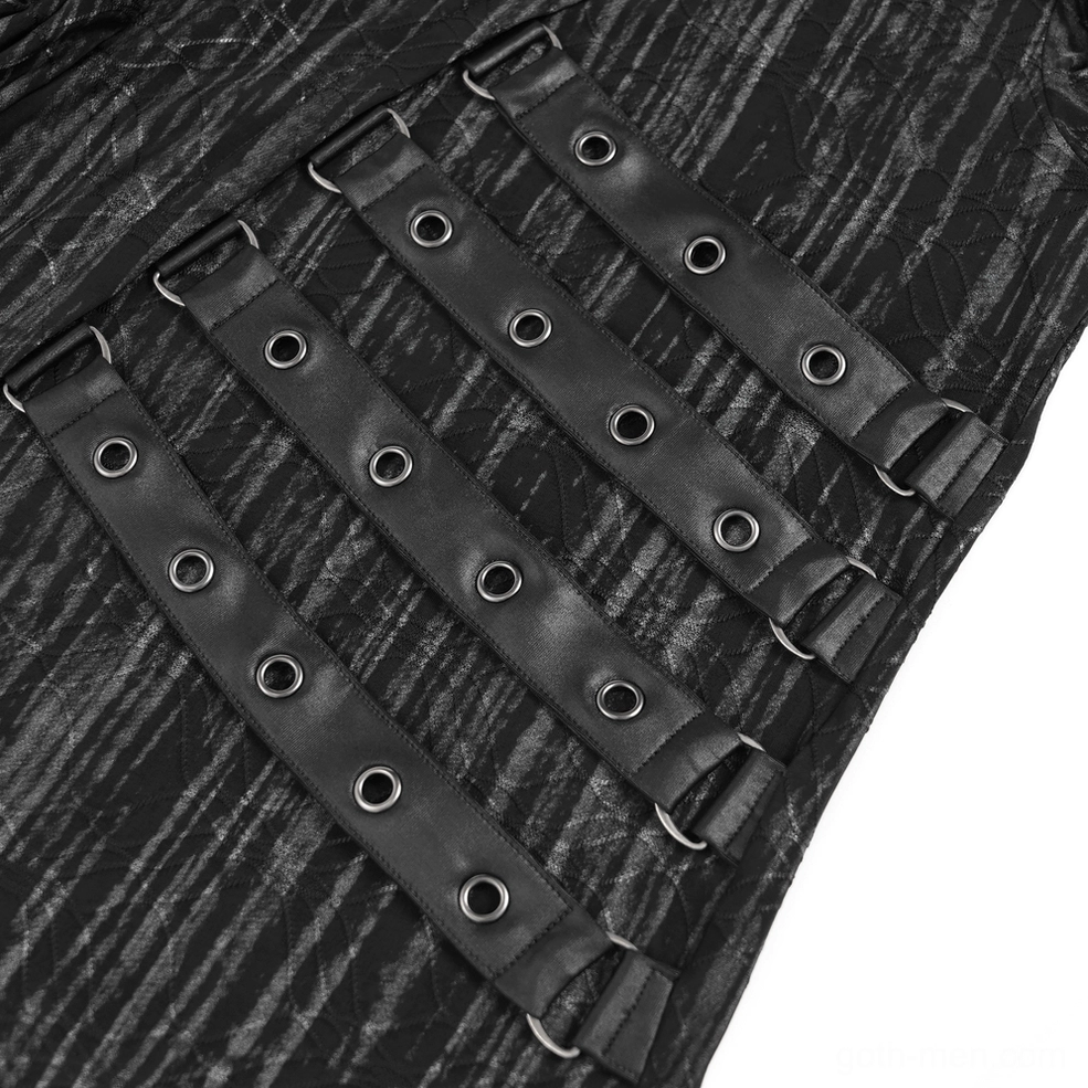 Leather strap reinforcement with metal snap buttons on industrial gothic hooded top