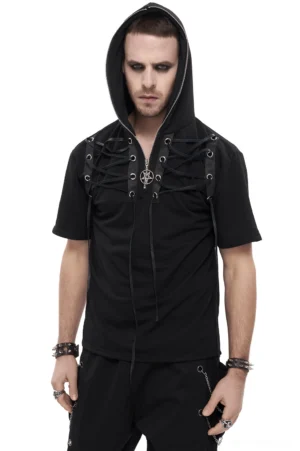 Men's black short-sleeve gothic hooded top with lace-up neckline and pentagram zipper, front view on model