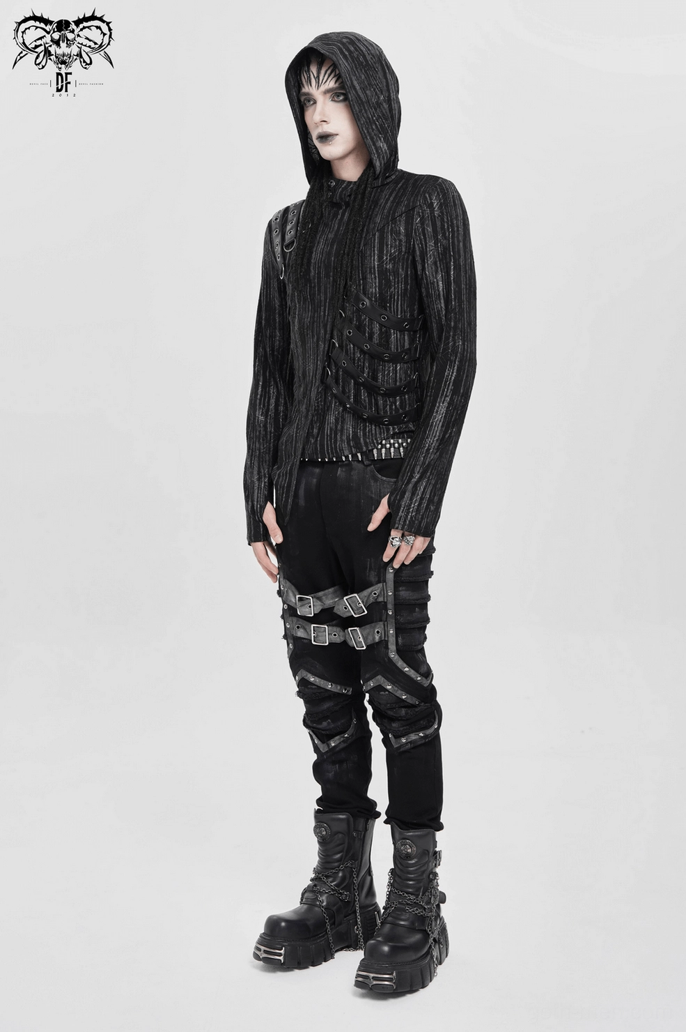 Alternative styling angle of black gothic hooded sweatshirt with metal eyelet decorations