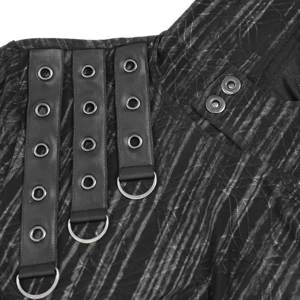 Detailed close-up of gothic hooded top strap system with metal grommets and snap closures