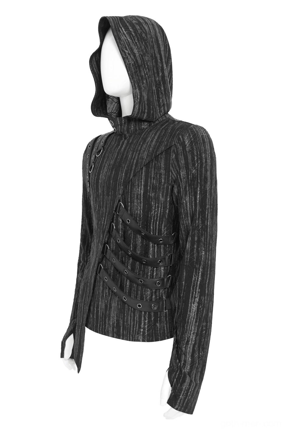 Three-quarter side view of gothic hooded sweatshirt on mannequin, striped knit texture detail
