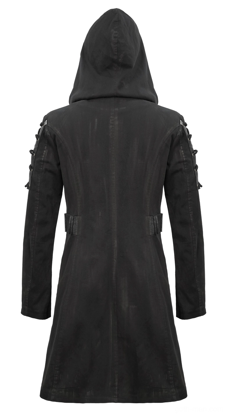 Black gothic hooded trench coat rear view minimalist back design with waist strap loops and structural lines