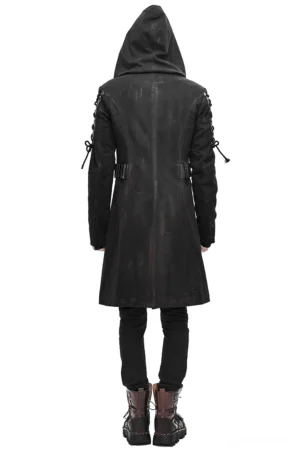Black gothic hooded trench coat rear view displaying back silhouette and waist strap loops with lace-up sleeve details