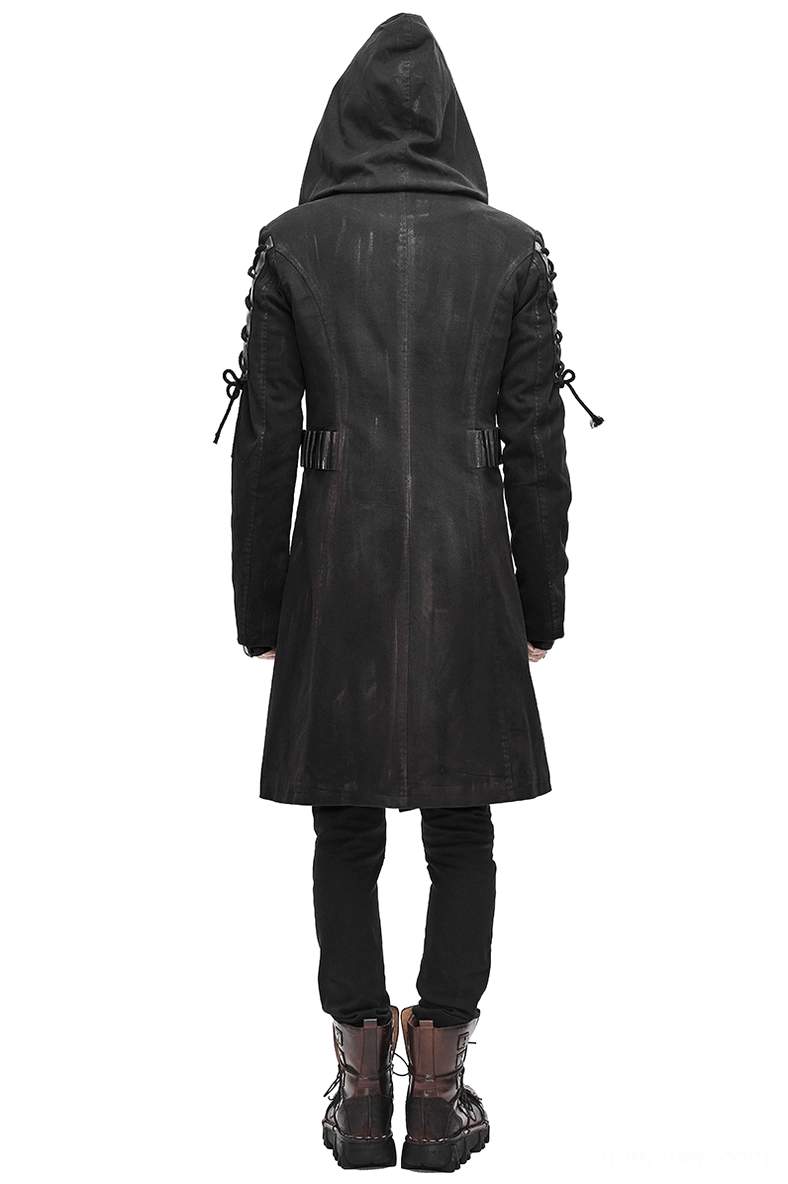 Black gothic hooded trench coat rear view displaying back silhouette and waist strap loops with lace-up sleeve details