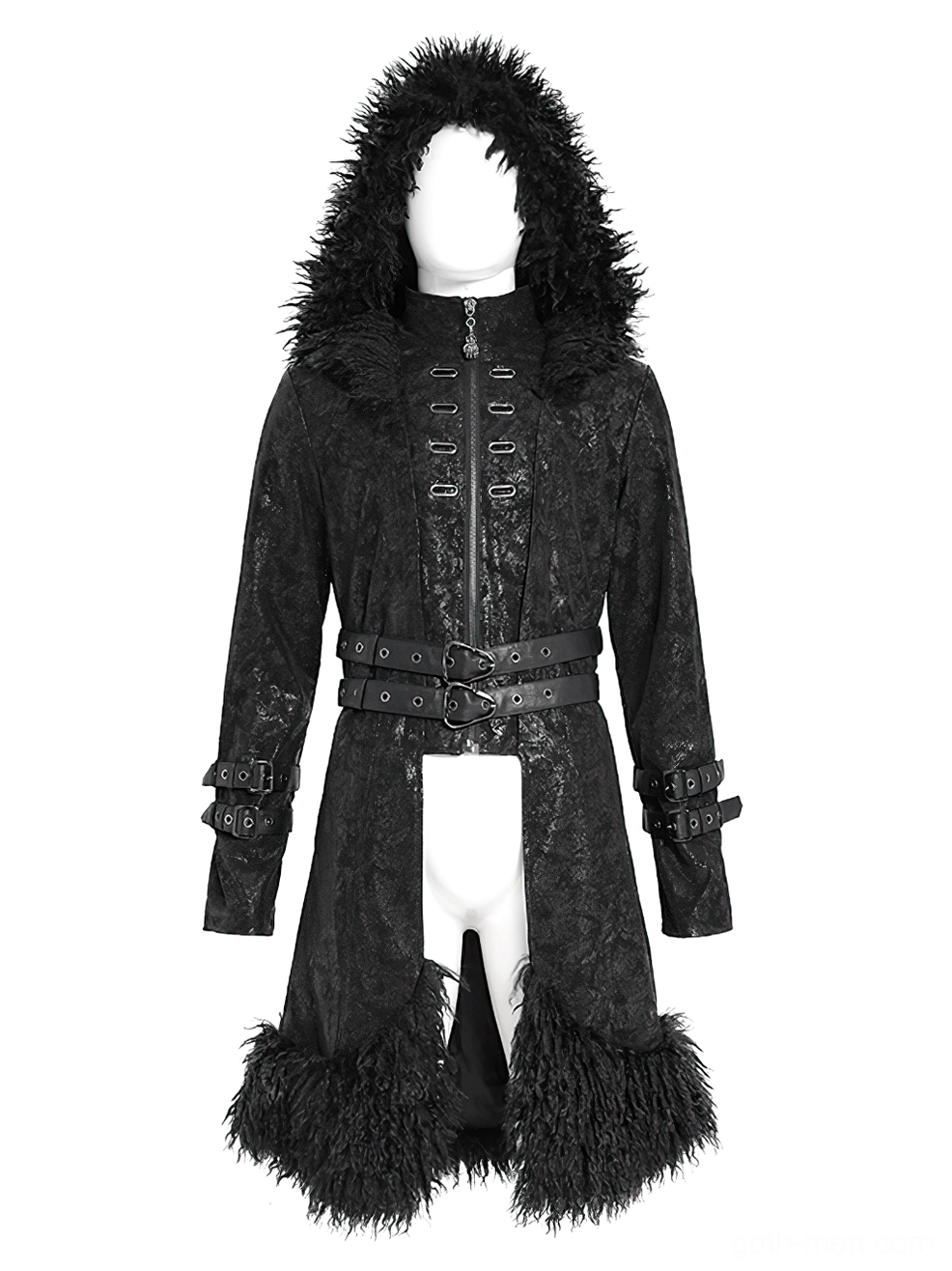 Front full view of black gothic faux fur hooded coat with dual waist belts, toggle closures and cracked leather texture