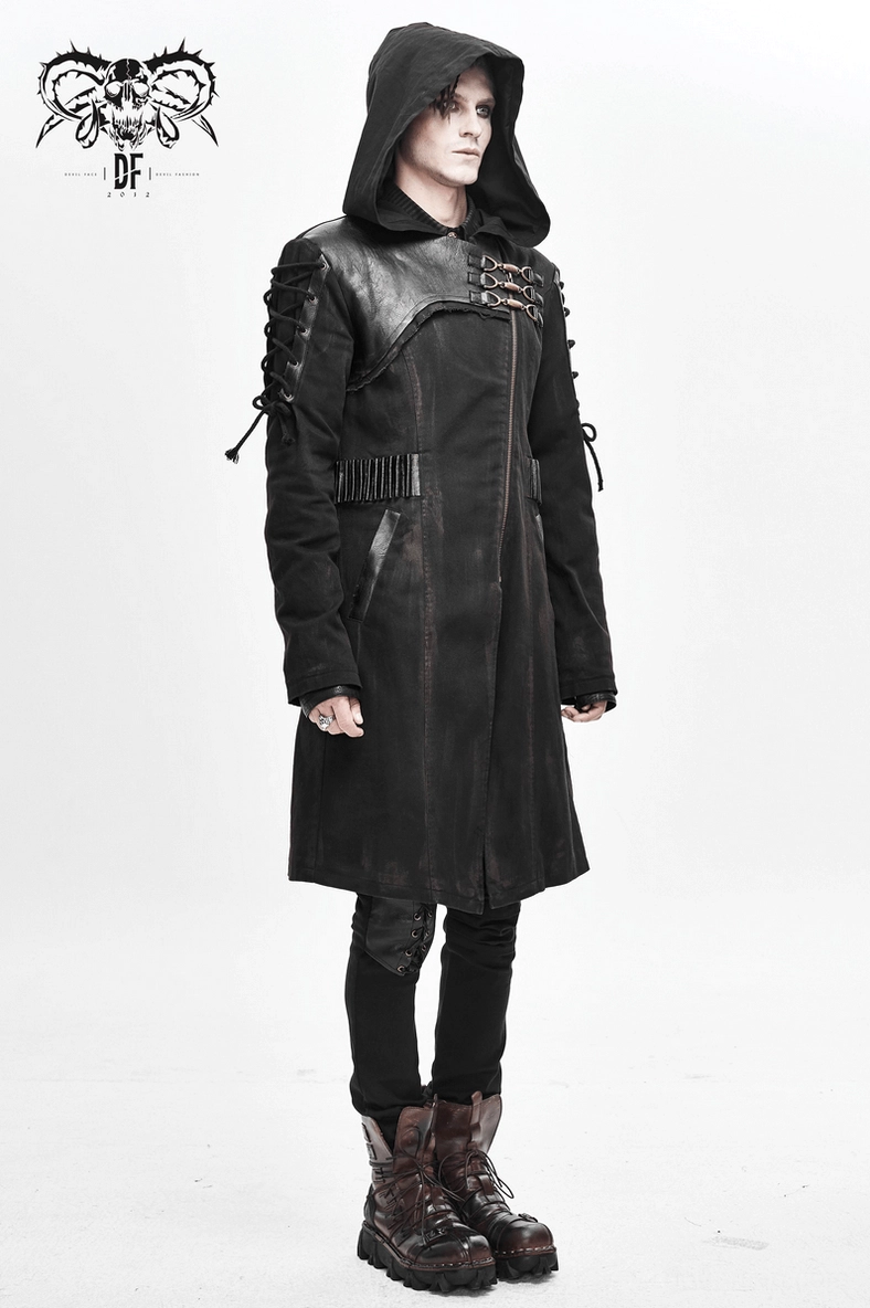 Black gothic hooded trench coat styled view with lace-up sleeves and alternative fashion aesthetic