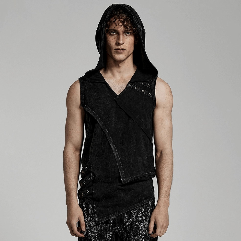 Black gothic hooded vest detail view of asymmetrical front panel construction and eyelet strap placement on distressed fabric