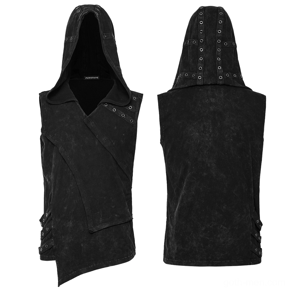 Black distressed hooded vest front and back flat lay display showing asymmetrical design and eyelet details