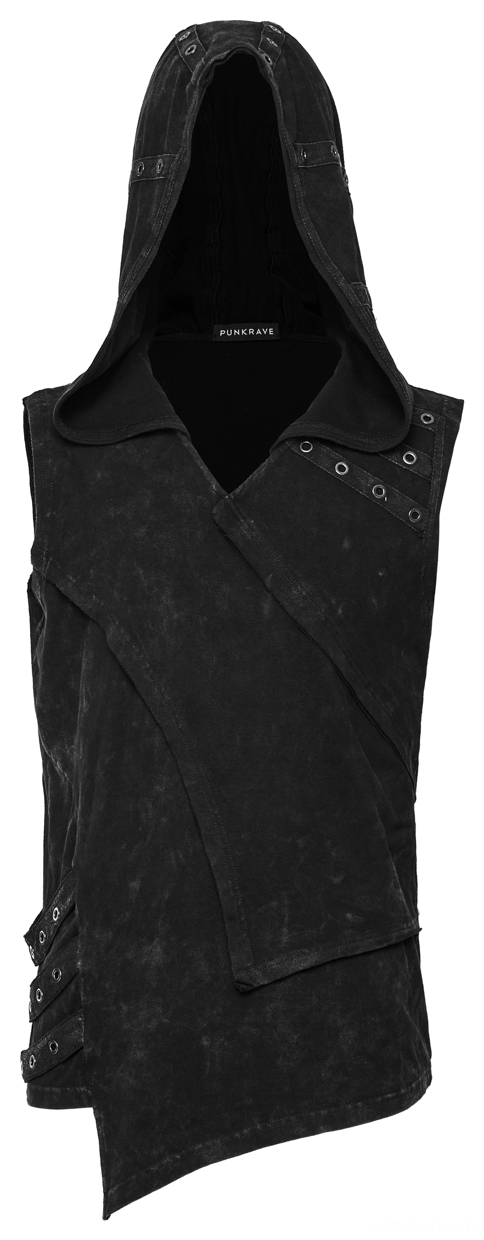 Front flat lay view of black distressed gothic hooded vest featuring asymmetrical panel and eyelet-trimmed collar
