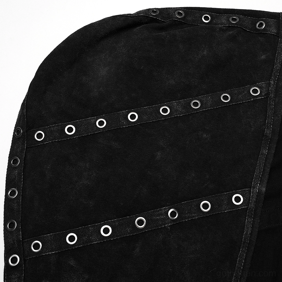 Close-up front panel detail of black distressed gothic hooded vest showing two rows of metal eyelet straps and weathered texture