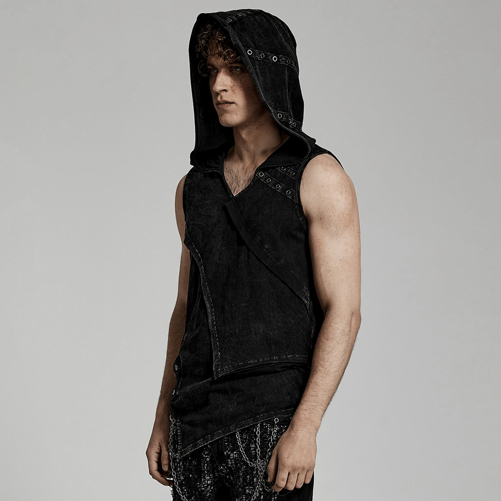 Black distressed gothic hooded vest showing hood construction with eyelet-trimmed ribbon details and fabric weathering