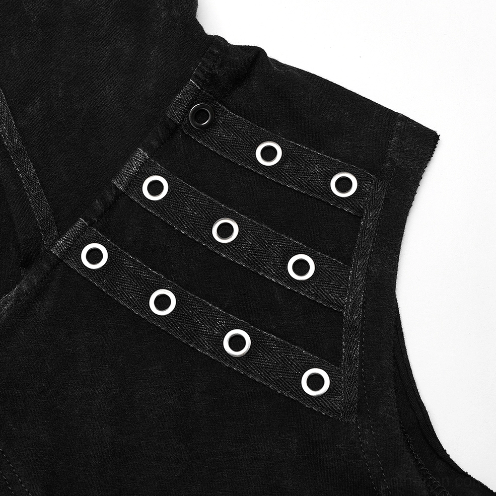 Close-up detail of black distressed gothic hooded vest neck and shoulder hardware with leather straps and metal eyelets