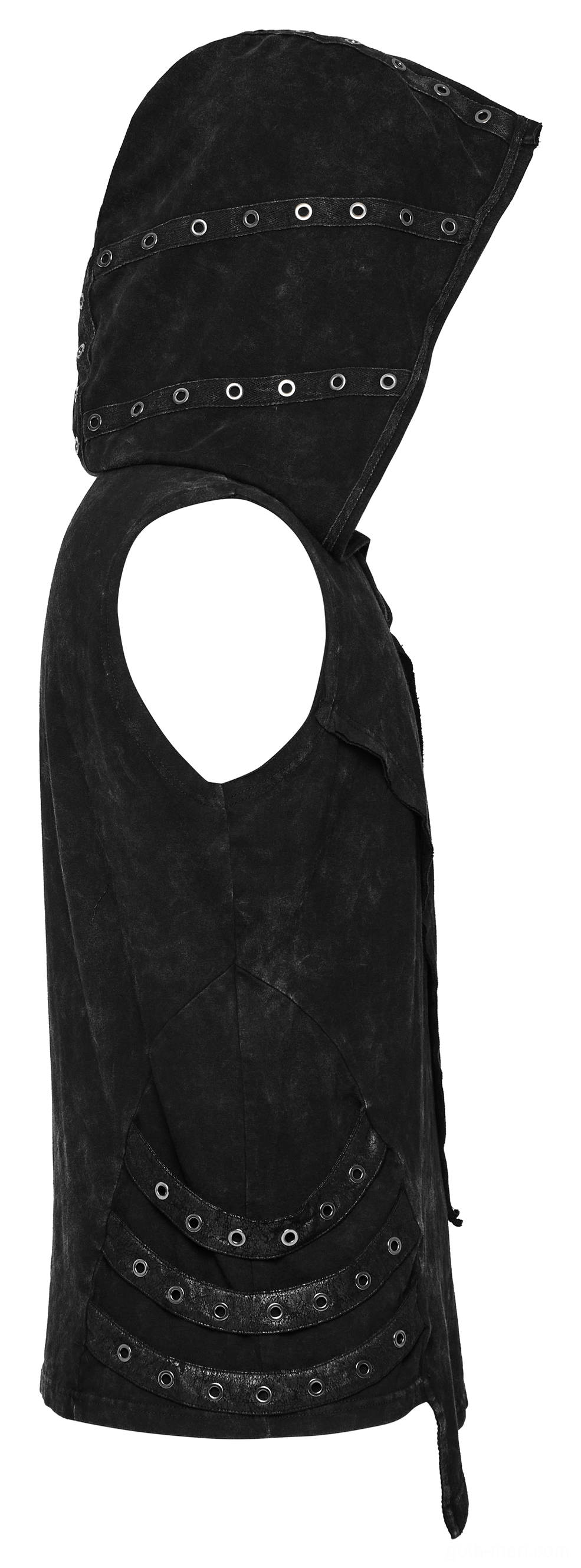 Side flat lay view of black gothic hooded vest showing sleeveless armhole, hood eyelets, and hem drawstring details