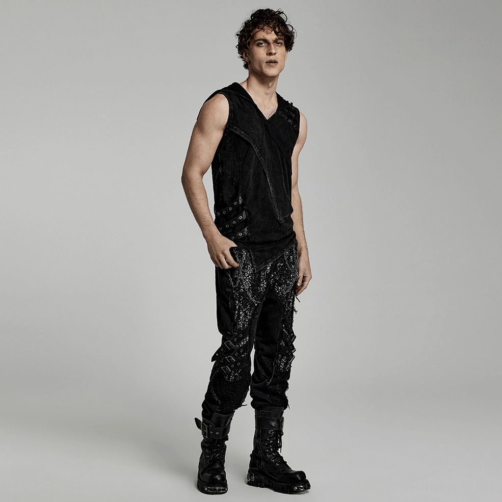 Black gothic hooded vest side profile showing slim-fit silhouette, eyelet placements, and asymmetrical design elements
