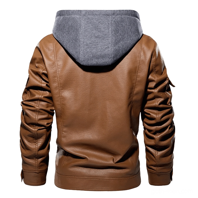 Medium brown PU leather gothic winter hooded jacket back studio view with detachable fleece hood
