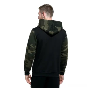 Tactical camouflage gothic hoodie rear view showing patterned sleeves and hood on male model from behind