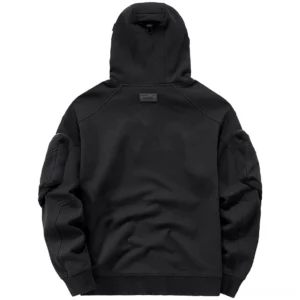 Black gothic hoodie back view showcasing raglan sleeves and structural design