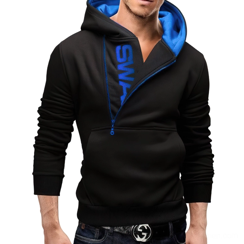 Black gothic oblique zipper fleece hoodie with blue hood lining and SWA letter print, front view on male model