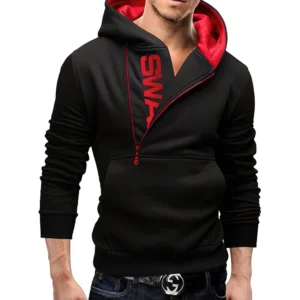 Black gothic fleece hoodie with red inner lining and SWA print, side zipper detail view