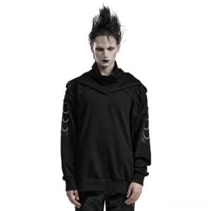 Black gothic hoodie with faux leather D-ring accents and high collar - front view on alternative male model