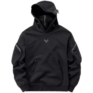 Black gothic dual-layer neckline hoodie front view with functional sleeve pockets