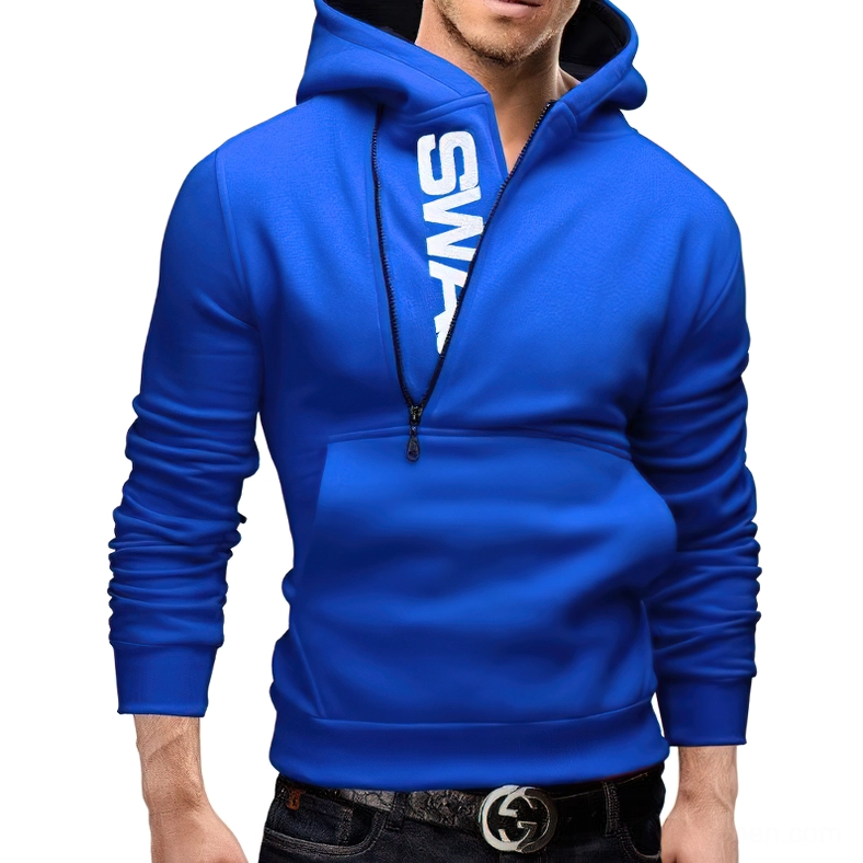 Electric blue gothic fleece hoodie with white letter print, modern cyberpunk goth style