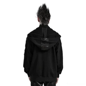 Black gothic hoodie with crackled faux leather shoulder panels and ear hanger collar - rear view on model