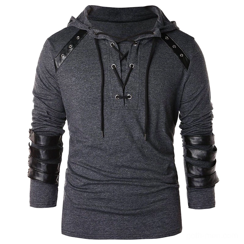 Gothic patchwork lace-up hoodie in dark heather gray with reinforced faux leather arm guards - front flat lay