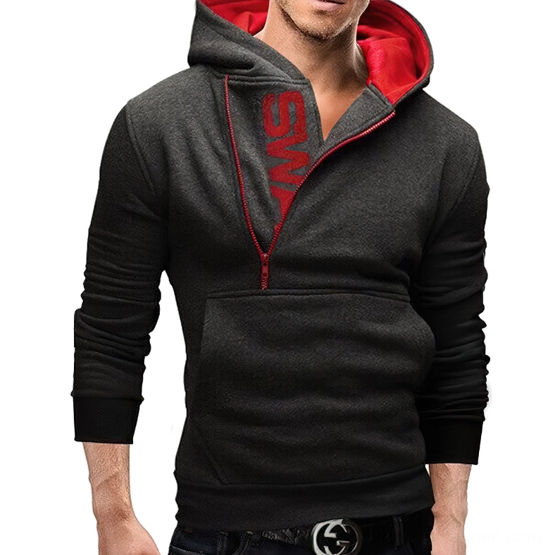 Charcoal grey gothic hoodie with oblique side zipper and red hood lining, alternative fashion