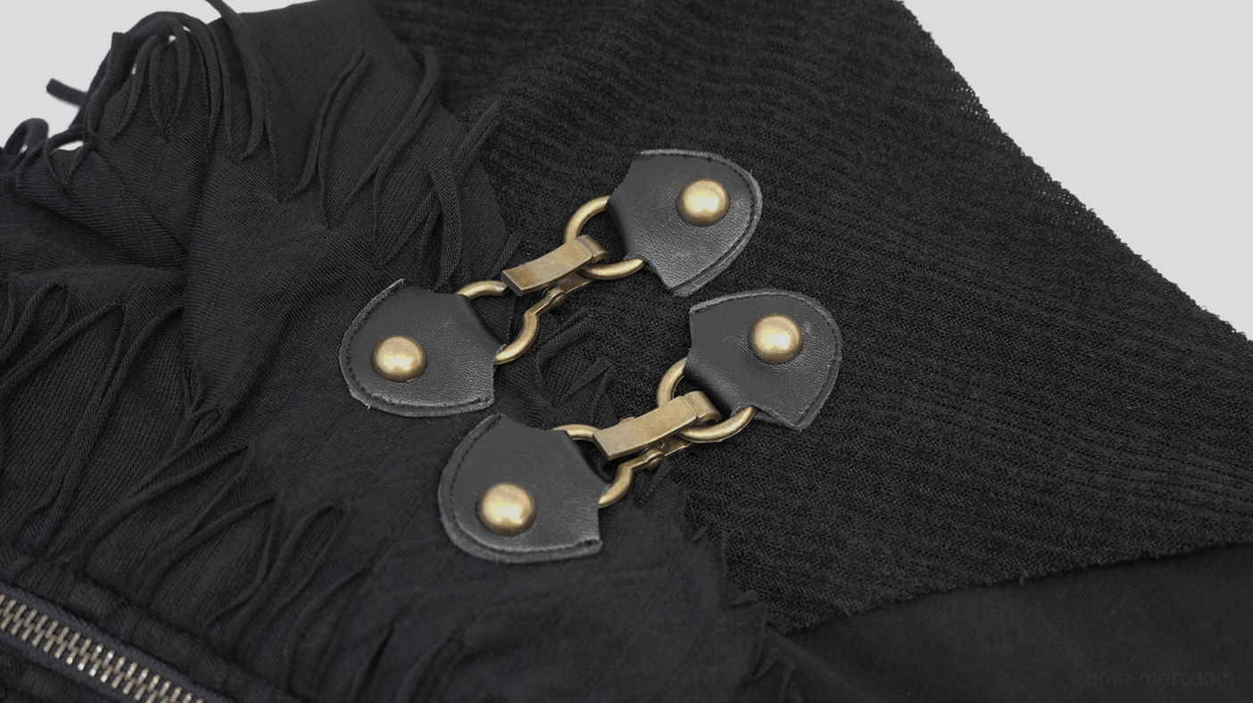 Close-up macro view of gothic hoodie hardware, black leather buckles, metal zipper, tassel frayed fabric