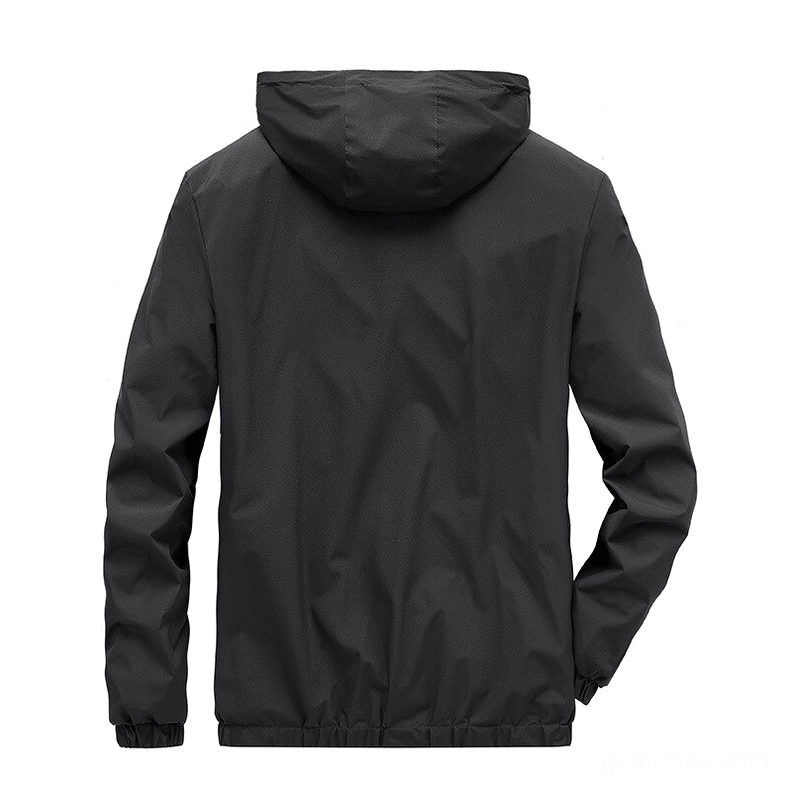 Dark gothic hooded jacket back view, showing minimalist silhouette and elastic hem