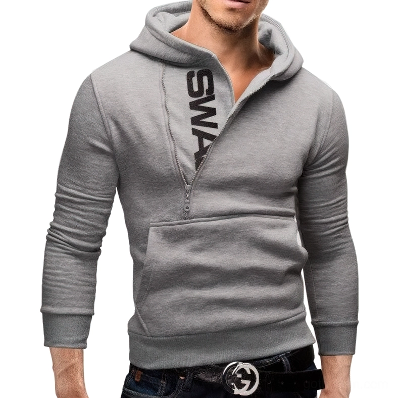 Light grey gothic fleece hoodie with black letter print, minimalist dark aesthetic