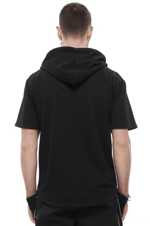 Black gothic short-sleeve hoodie with attached hood, back view on model showing solid rear design