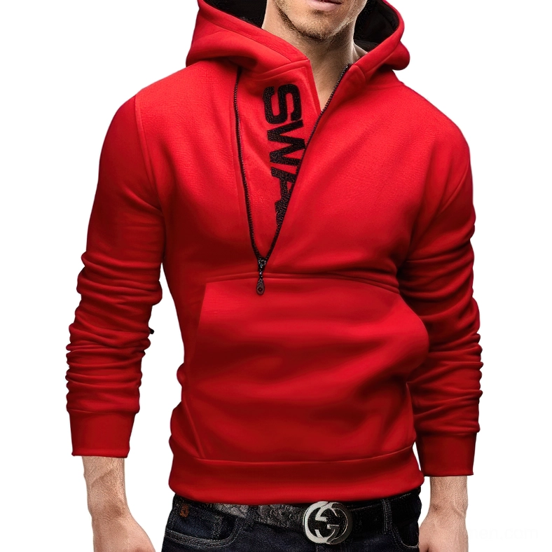 Deep red gothic hoodie with black SWA print and side zipper, vampire-inspired goth style