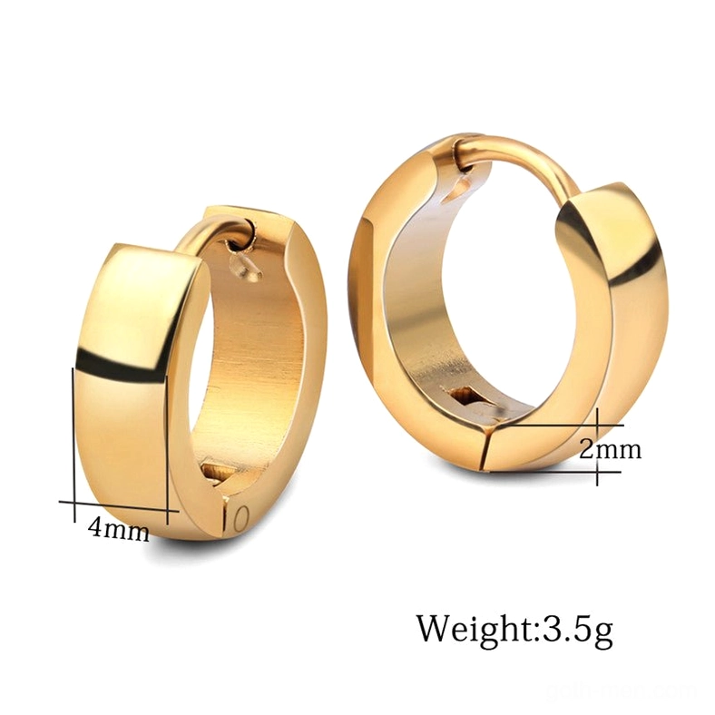 Sized stainless steel gold hoop earrings showing 4mm width and 2mm thickness measurements for gothic earring specifications